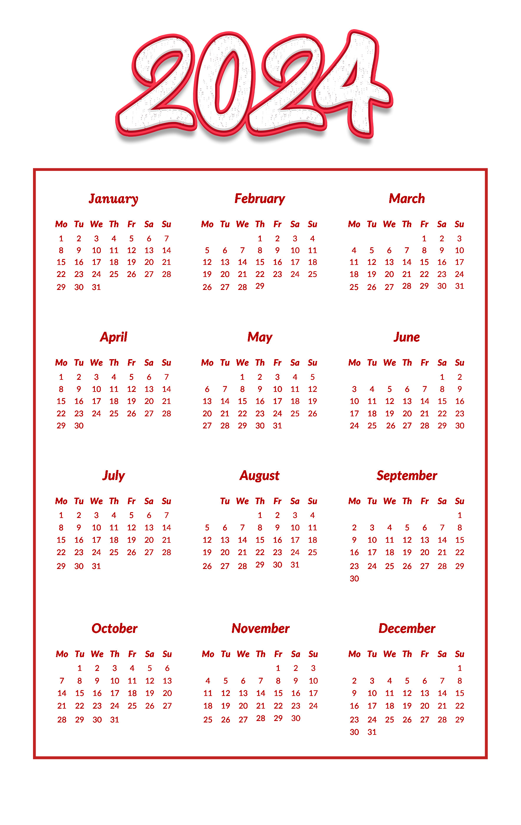 2024 Monthly Calendar Png Transparent Notes Ericha Fionnula