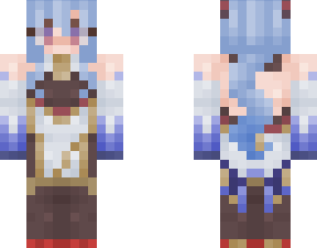 Minecraft skin, pixel art character, blue-haired avatar, gaming customization, Ganyu PNG