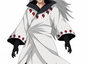 anime character, white robe, spiky hair, red markings, Madara PNG