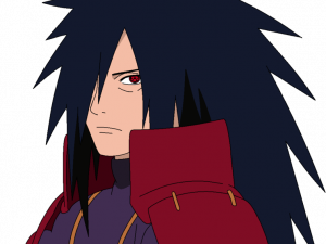 anime character, spiky hair, red armor, intense gaze, Madara PNG