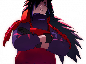 anime character, dark hair, red outfit, powerful stance, Madara PNG