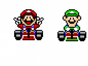 pixel art, classic video game, Mario and Luigi, retro gaming characters, Mario Kart PNG