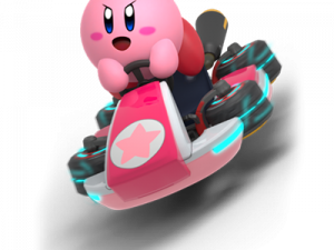 Kirby racing, video game character, kart racing, colorful kart, Mario Kart PNG