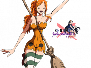 anime character png, vibrant illustration, playful pose, broomstick magic, Nami (One Piece) PNG