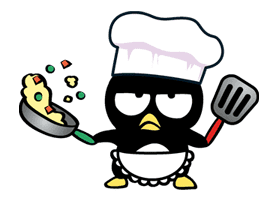 cute cartoon chef, penguin character, cooking illustration, playful kitchen art, Badtz Maru PNG