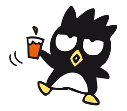 cartoon penguin, drink in hand, playful character, cute illustration, Badtz Maru PNG