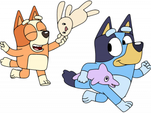 Bluey and Bingo Playing with Toys, Animated Characters, Children's Entertainment, Family-Friendly Animation, Bingo Bluey PNG