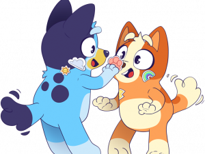 Cute cartoon dogs playing together, animated furry friends, colorful pet characters, joyful animal interaction, Bingo Bluey PNG