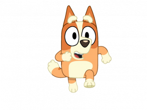 Bluey running character, animated dog, children's show character, playful pup, Bingo Bluey PNG