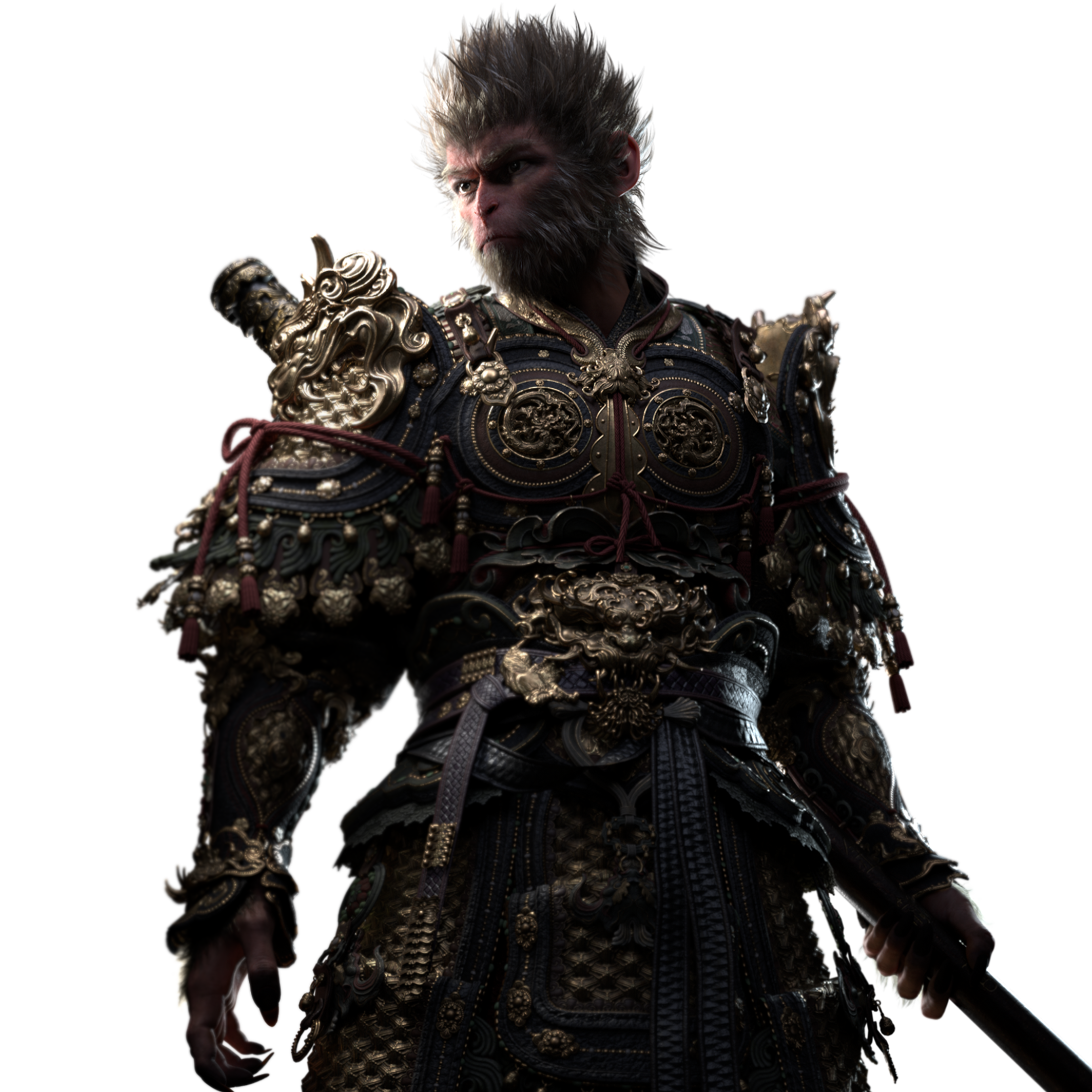 Warrior Character Design, Fantasy Armor, Mythical Hero, Epic Battle Stance, Black Myth: Wukong PNG