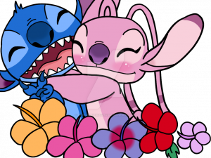 cartoon characters, animated duo, colorful flowers, friendship illustration, Cute Stitch PNG