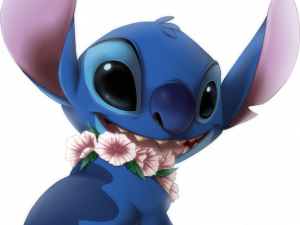 cartoon character, blue alien, animated creature, floral necklace, Cute Stitch PNG