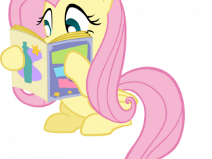 cartoon pony, reading book, animated character, whimsical illustration, Fluttershy PNG