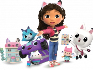 Cute Cartoon Character With Cat Ears, Animated Girl With Pets, Fun Playtime Scene, Colorful Toy Collection, Gabby Dollhouse PNG