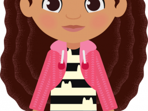 Cartoon Character With Curly Hair In Pink Jacket, Animated Girl, Cute Illustration, Character Design, Stylish Outfit, Gabby Dollhouse PNG