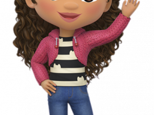 Cheerful Animated Character Waving, Cartoon Girl With Curly Hair, Friendly Cartoon Figure, Colorful Character Design, Gabby Dollhouse PNG