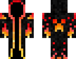 pixel art skin, Minecraft character design, fiery outfit, gaming avatar, Minecraft Skin PNG