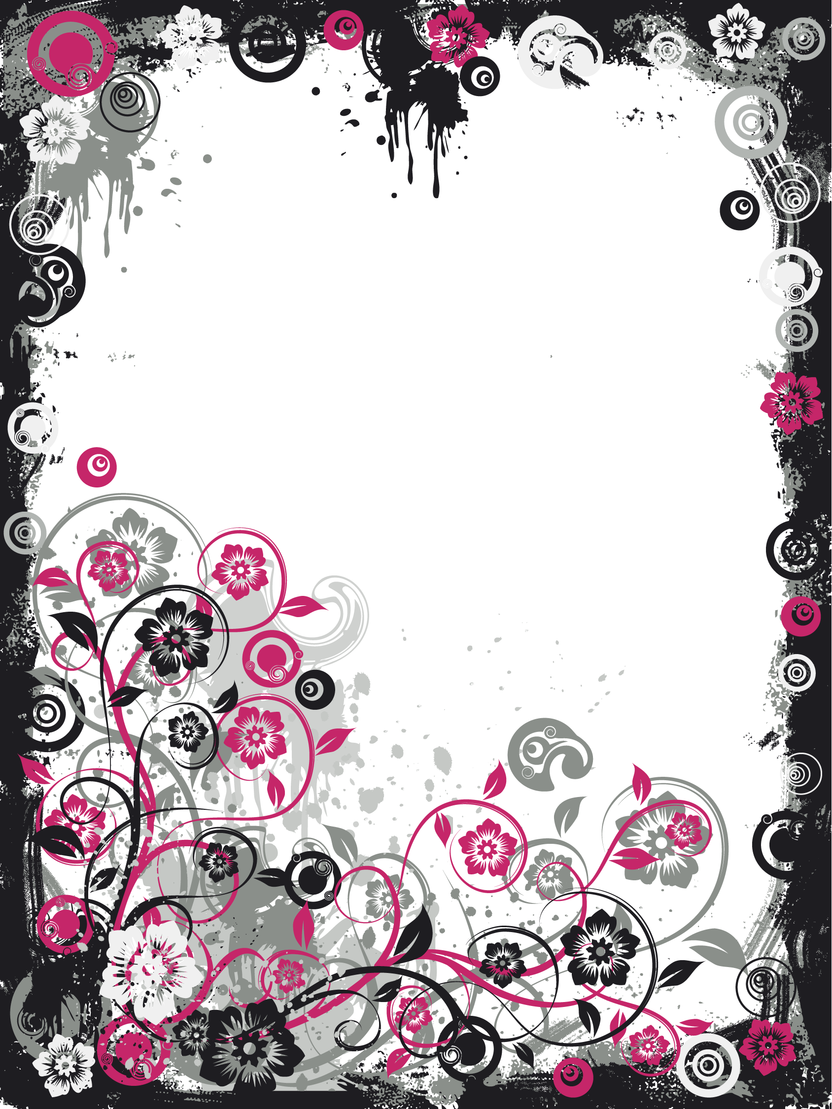 floral border design, decorative graphic elements, pink and gray patterns, artistic frame illustration, Pink Border PNG