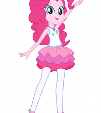 Pink character, animated figure, cheerful pose, vibrant outfit, Pinkie Pie PNG