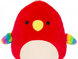 plush bird toy, colorful stuffed animal, cute red plushie, soft toy for kids, Squishmallow PNG