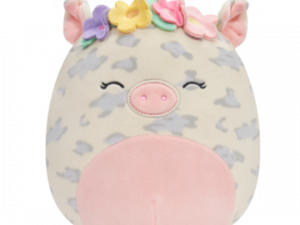 plush pig toy, cute stuffed animal, decorative pillow, floral design, Squishmallow PNG