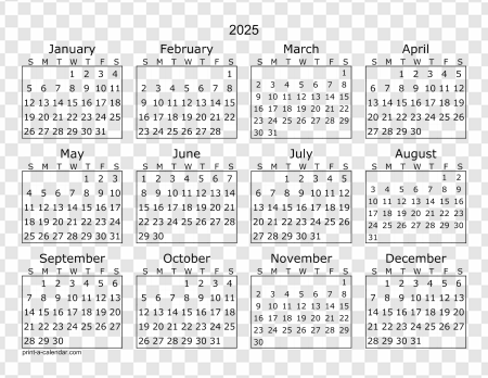 2025 Yearly Calendar Overview, annual planner, monthly schedule, dates and holidays, time management tool, Calendar 2025 PNG