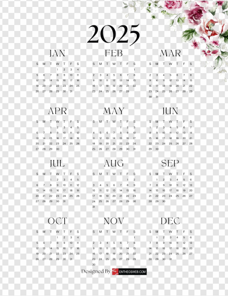 2025 Floral Calendar, yearly planner, monthly schedule, decorative wall calendar, floral design, printable calendar, Calendar 2025 PNG