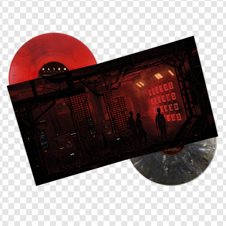 vinyl records, sci-fi album art, red and black design, collectible music items, Alien Romulus PNG