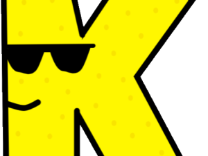 yellow letter K, cartoon character, playful design, sunglasses, Alphabet Lore Letter K PNG