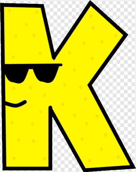 yellow letter K, cartoon character, playful design, sunglasses, Alphabet Lore Letter K PNG