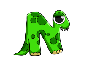 green monster, cartoon character, letter N, playful design, Alphabet Lore Letter N PNG