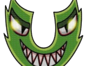 green monster face, cartoon villain emblem, sinister grin icon, playful evil character, Alphabet Lore Letter U PNG