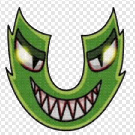 green monster face, cartoon villain emblem, sinister grin icon, playful evil character, Alphabet Lore Letter U PNG