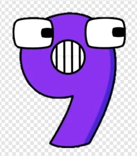 cartoon character, purple number 9, animated numeral, playful design, Alphabet Lore Number 0 to 9 PNG