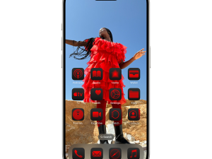 smartphone wallpaper, red dress fashion, mobile app icons, stylish phone interface, iOS 18 PNG