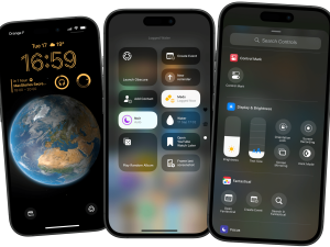 smartphone interface, mobile control center, app features, digital clock display, iOS 18 PNG