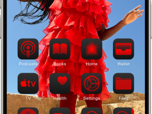 smartphone interface, vibrant red dress, app icons, outdoor setting, iOS 18 PNG