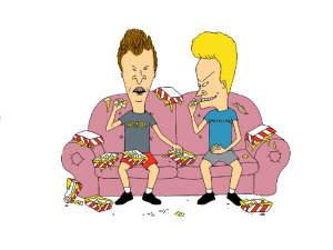 animated characters, couch scene, popcorn mess, 90s cartoon, Beavis Butthead PNG