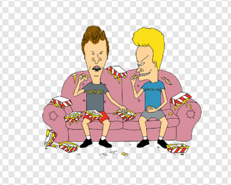 animated characters, couch scene, popcorn mess, 90s cartoon, Beavis Butthead PNG