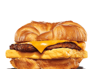 croissant sandwich, cheese burger, breakfast sandwich, savory meal, Beef Sausage Egg and Cheese PNG