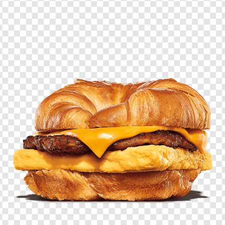 croissant sandwich, cheese burger, breakfast sandwich, savory meal, Beef Sausage Egg and Cheese PNG