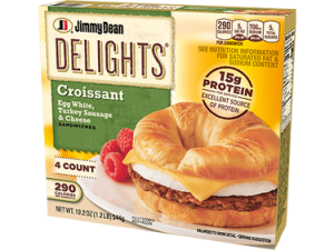 Jimmy Dean breakfast sandwiches, croissant egg white turkey sausage, protein-rich meal, frozen breakfast options, Beef Sausage Egg and Cheese PNG