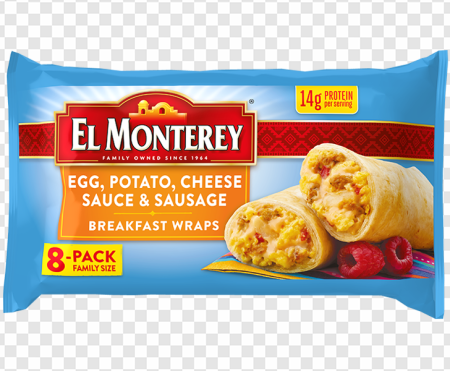 breakfast wraps, egg and potato burritos, ready-to-eat meals, El Monterey snacks, Beef Sausage Egg and Cheese PNG