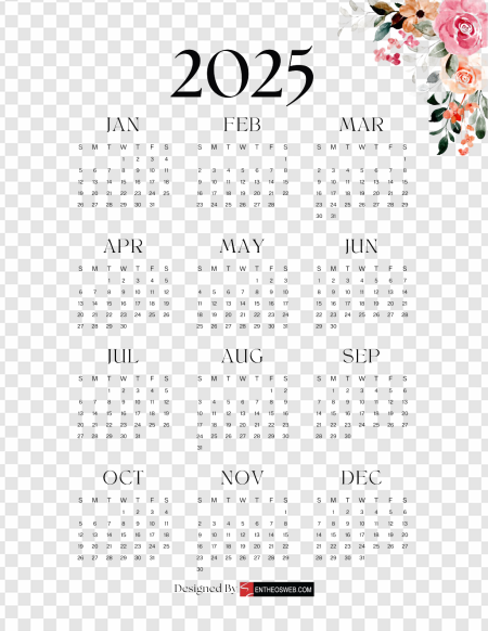 2025 Floral Calendar, yearly planner, monthly overview, decorative schedule, organized dates, Calendar 2025 PNG