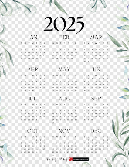 2025 Calendar Floral Design, yearly planner, month-by-month overview, decorative wall calendar, 2025 schedule, Calendar 2025 PNG