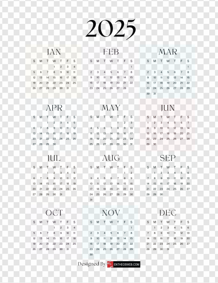 2025 Calendar Year Overview, yearly planner, monthly calendar, date grid, annual schedule, Calendar 2025 PNG