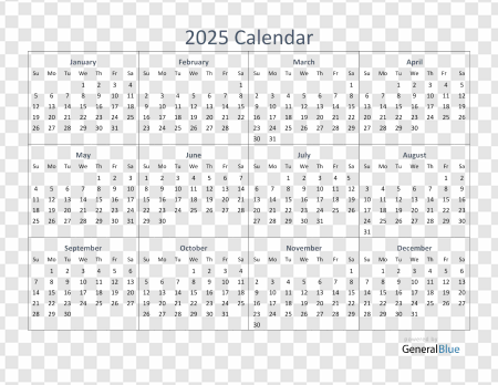 2025 Yearly Calendar, annual planner, monthly schedule, date overview, time management tool, Calendar 2025 PNG