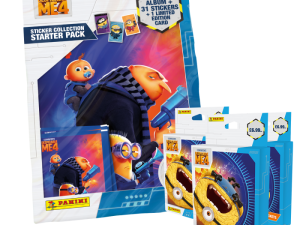 Minions collectibles, trading card starter pack, Panini merchandise, family-friendly games, Despicable Me 4 PNG