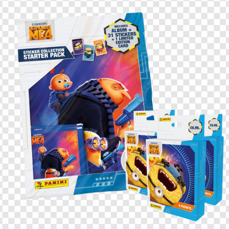 Minions collectibles, trading card starter pack, Panini merchandise, family-friendly games, Despicable Me 4 PNG