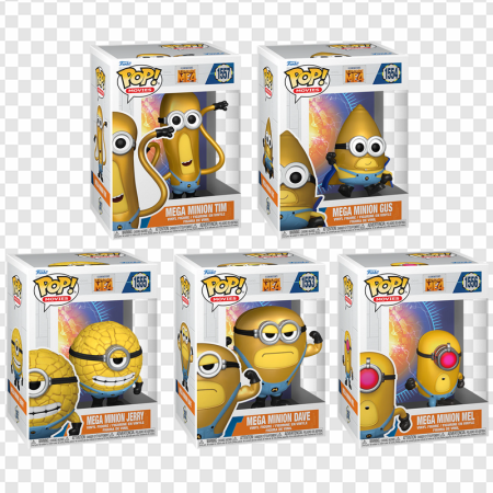 Minions collectibles, Funko Pop figures, animated character toys, Despicable Me merchandise, Despicable Me 4 PNG